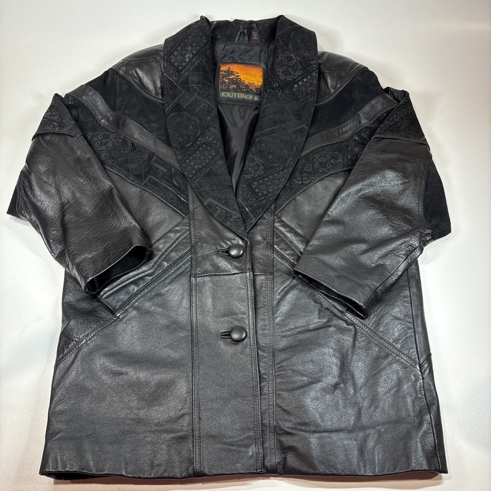 Leather Jacket Woman's Black 3/4 Length Button Down Size M Outbrook Genuine